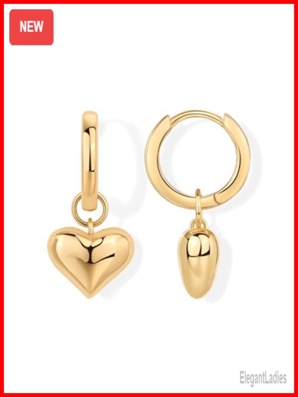 14K Yellow Gold Plated Chunky Huggie Hoop Earrings with Heart Charm Dangle